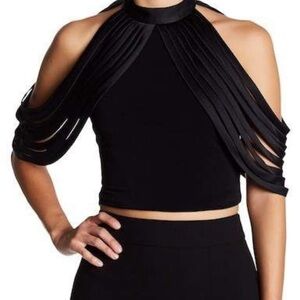 NWT Alice + Olivia Bree Drape Shoulder Crop Halter Top Black 0 (XS)